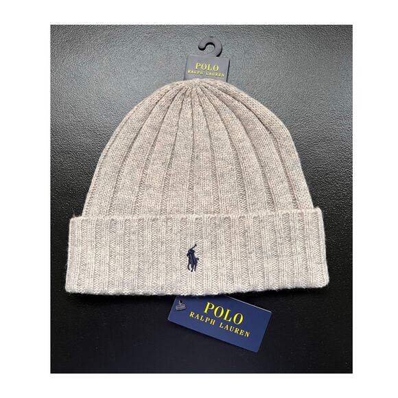 Polo Ralph Lauren Beanie Men's Oatmeal Heather Pony Wool Blend Rib Knit Cuff NEW - Picture 1 of 3